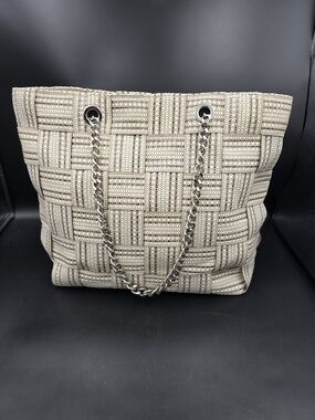 Woven Neutral Tote with Silver Chain Handles